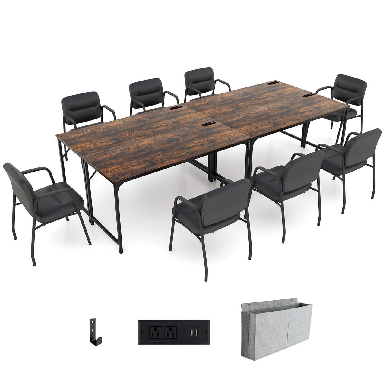 Costway Set of 2/4/6 Meeting Room Desk with Charging Station & Headphone Hook Metal Frame Brown